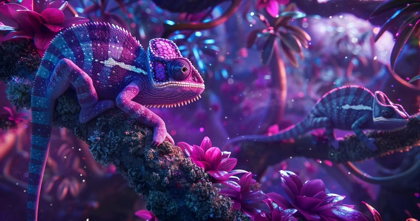 A view of a chameleon in bright neon colors